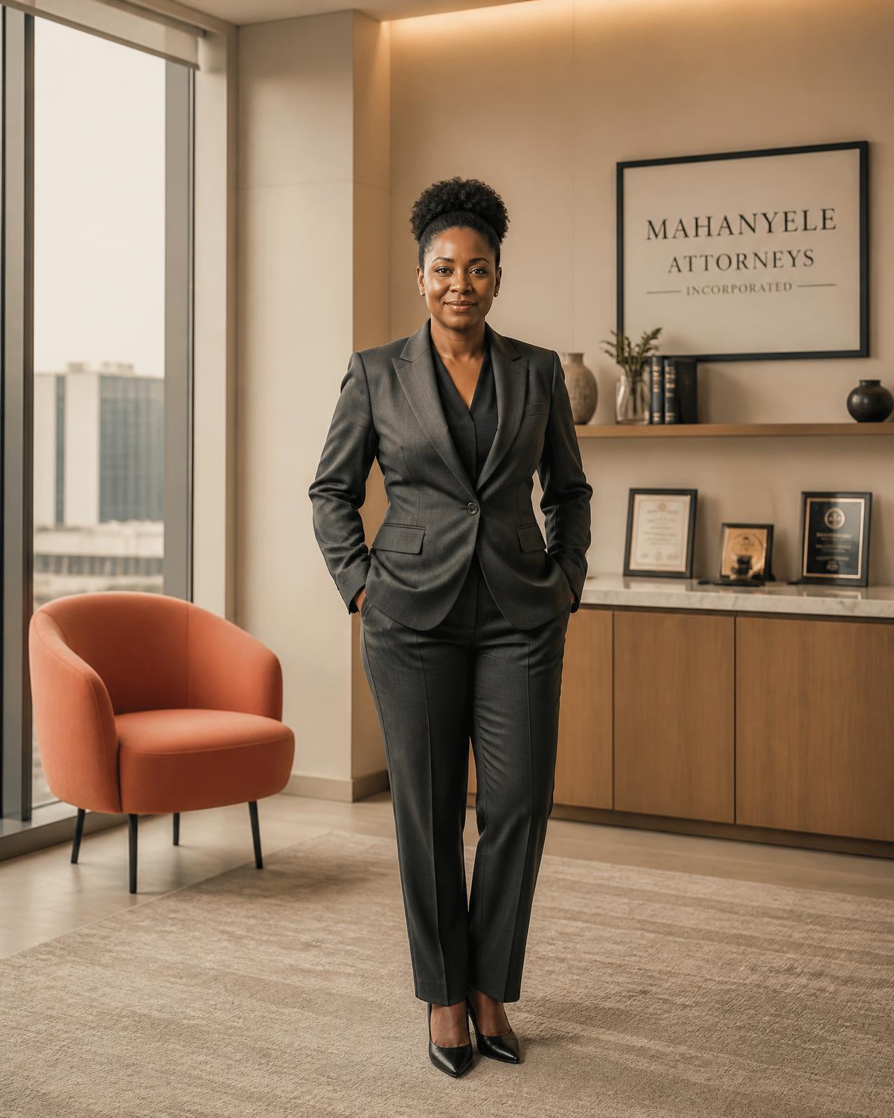 South African attorney standing in a modern Sandton law office with a coral accent chair